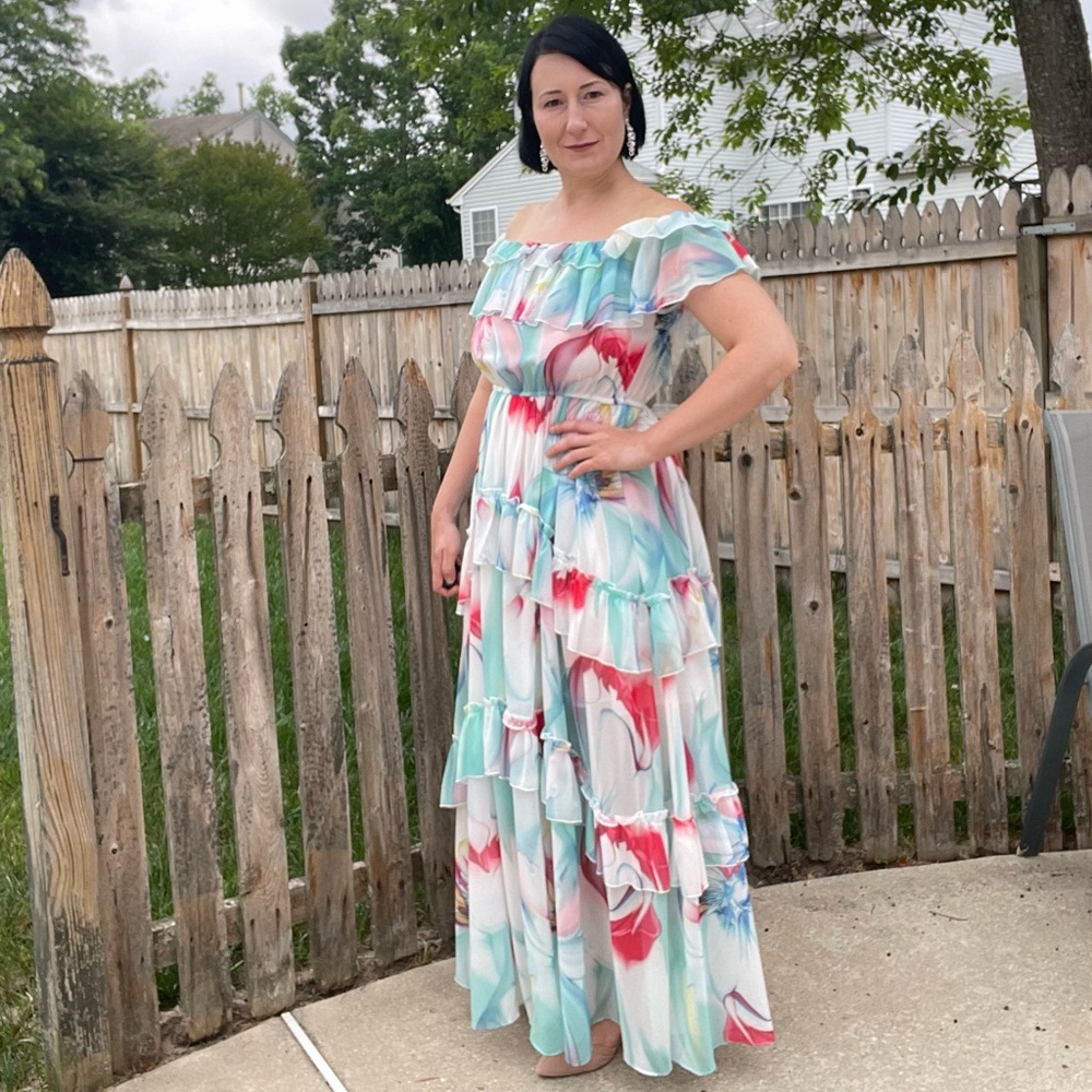 Chiffon Tiered Off Shoulder Summer Sun Dress for Vocation.